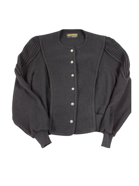 geiger Sweaters - Geiger Black Wool-Blend Austrian Button Cardigan With Textured Knit Sleeves